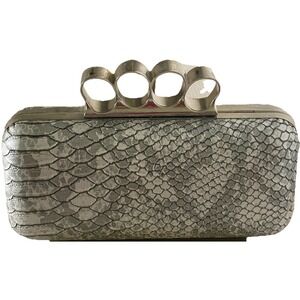 Expressions NYC Snake Print Clutch Gray Vegan Leather Evening Bag Chain Strap